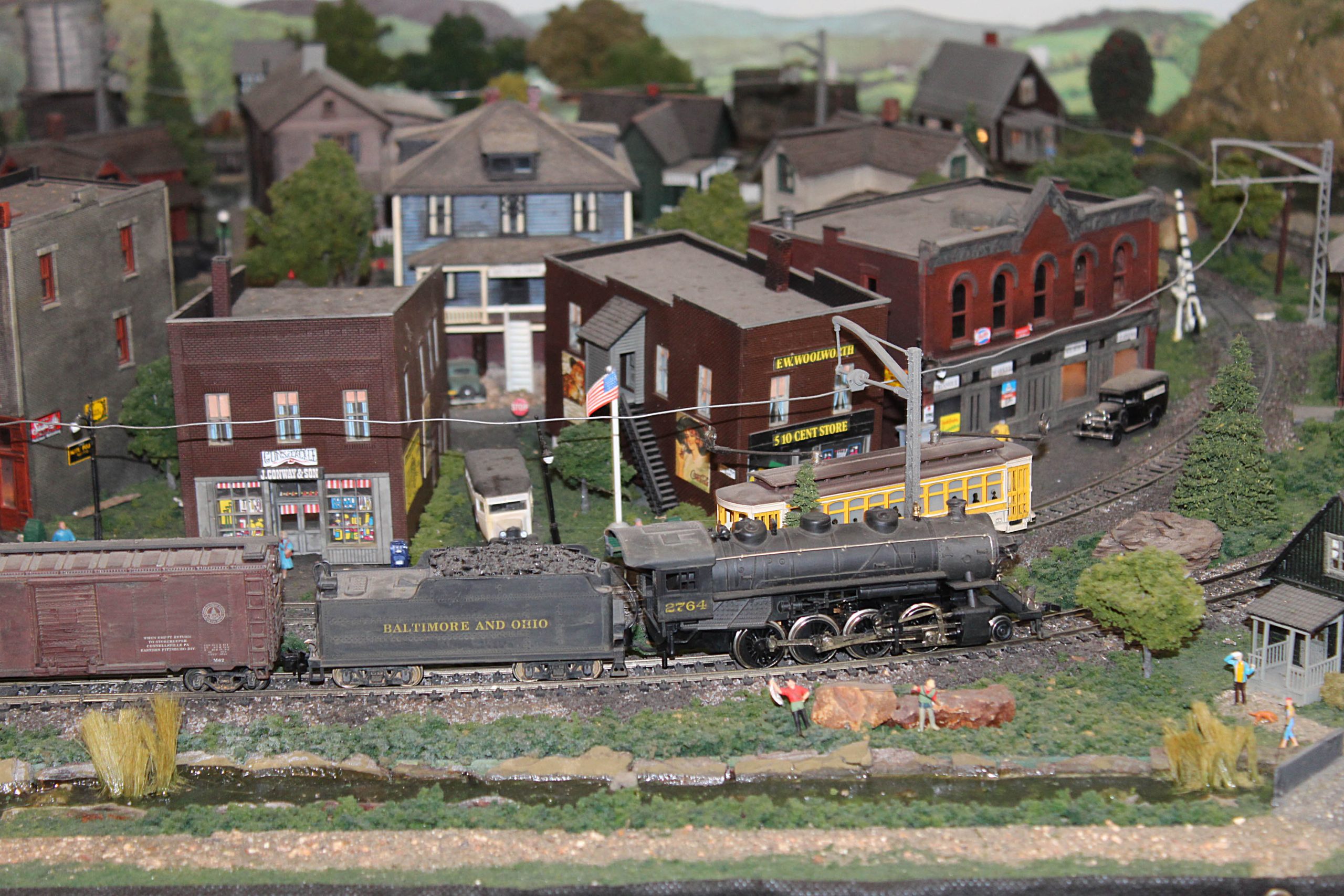 Finleyville recreated with shops, including an E. W. Woolworth store, houses and a trolley.