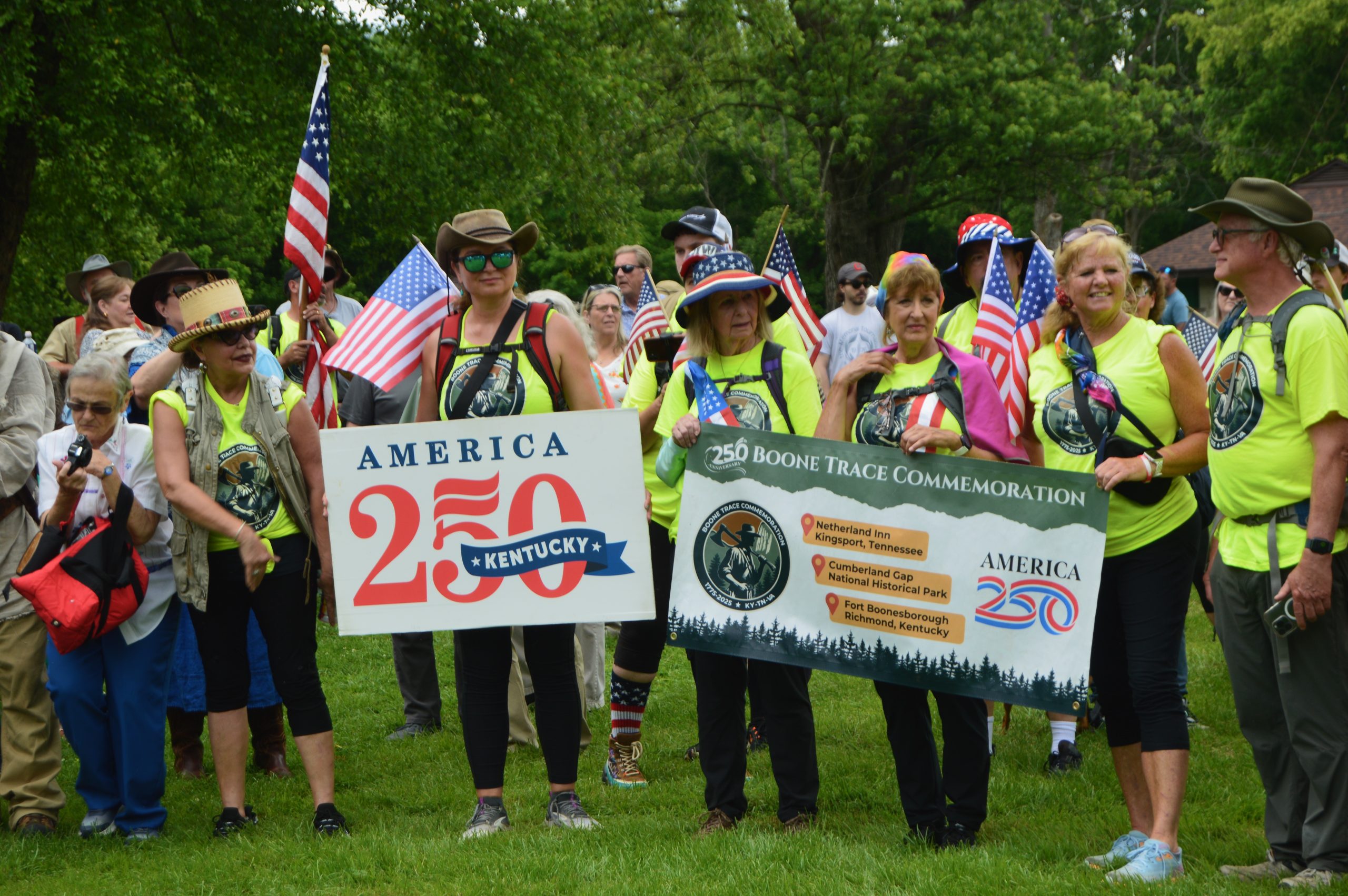 Participants in the Boone Trace 250th anniversary commemorative hike arrive at Fort Boonesborough State Park at noon on Saturday, June 7, concluding the relay that began in Kingsport, Tennessee, in April. Different groups hiked 10-mile segments through the Cumberland Gap and along the trail Daniel Boone and his party blazed to Fort Boonesborough. (Randy Patrick)