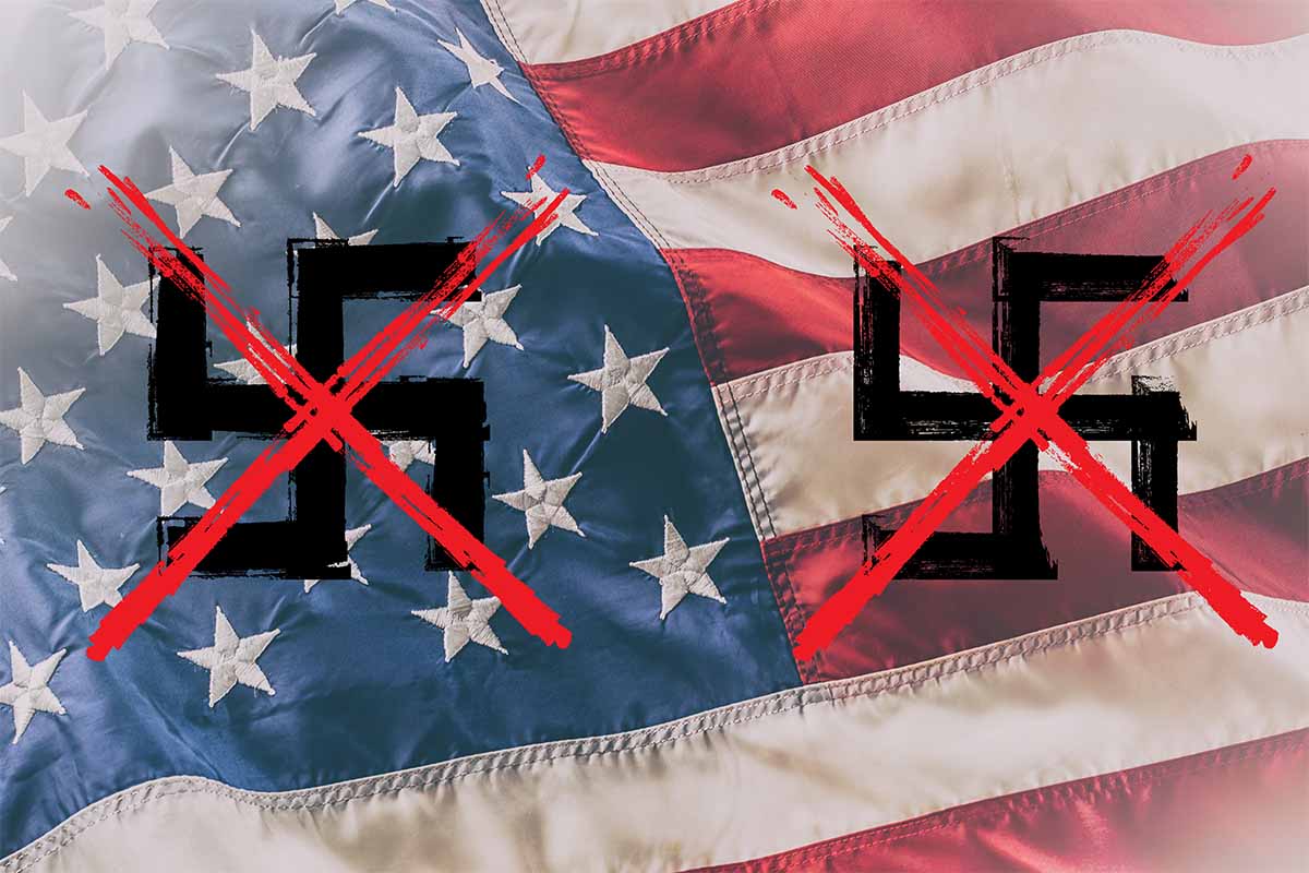 Illustration of an American flag with "Xed out" marks over swastikas.