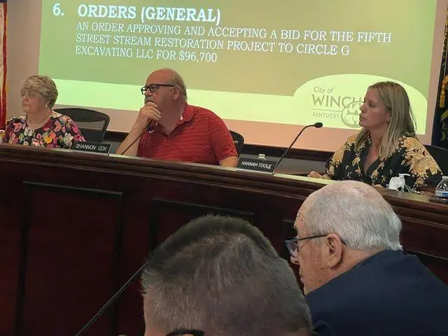 Commissioners Shannon Cox and Hannah Toole listen as the commission considers an order approving a $96,700 bid for the 5th Street Stream Restoration Project during Tuesday's Winchester City Commission meeting. (John Chaney)