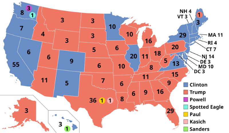 Electoral college map for the 2016 United States presidential election.
