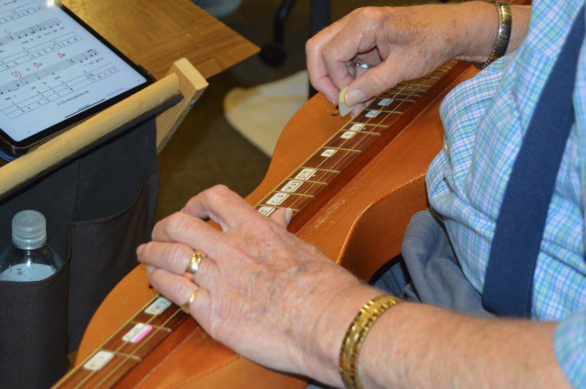 Close-up of dulcimer player at work