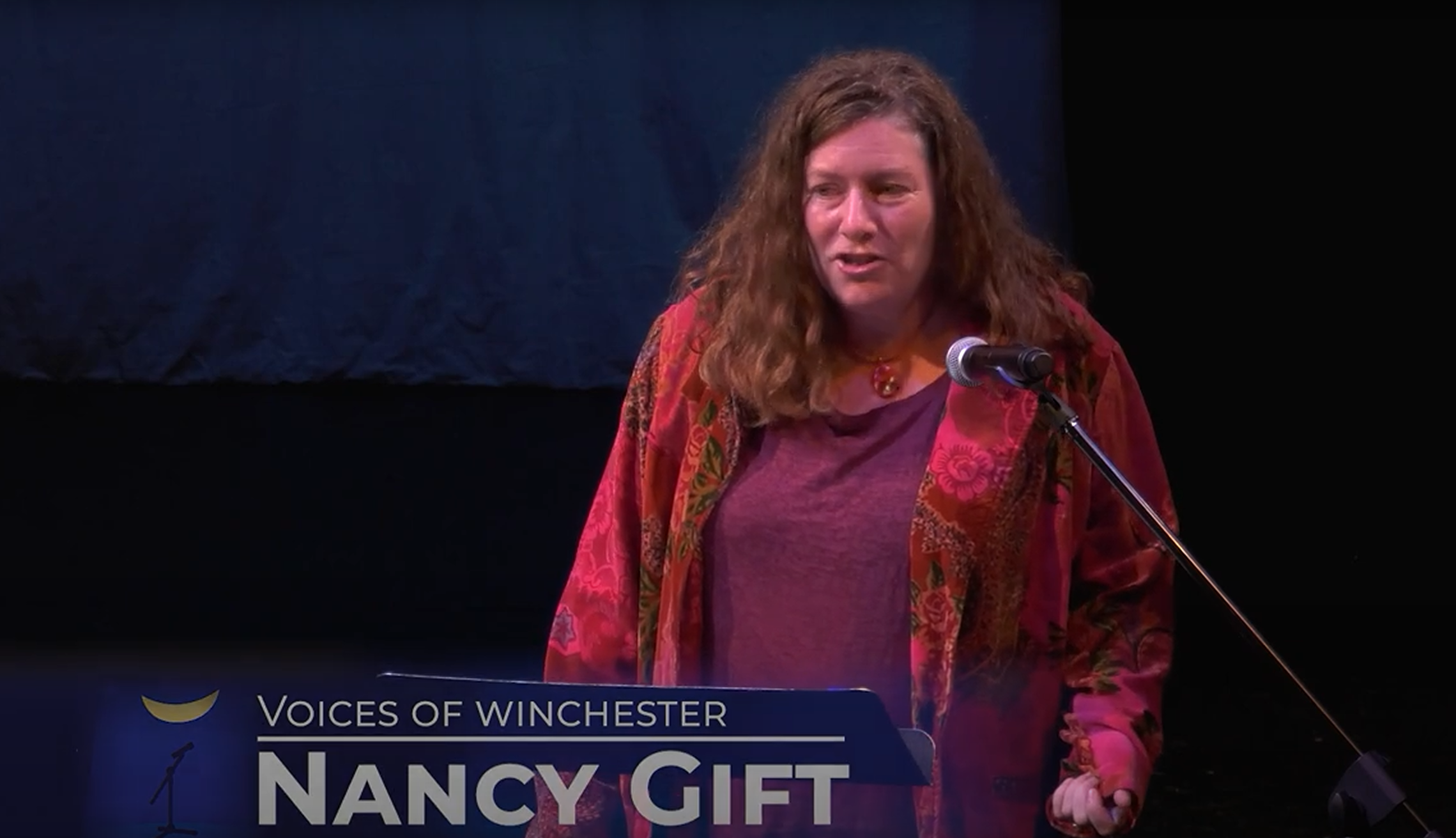 Nancy Gift speaks at the 2023 Voices of Winchester: A Night of Storytelling event.