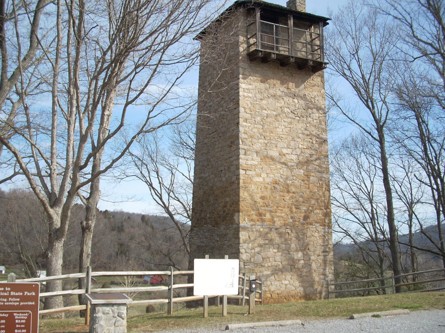 Jackson Ferry Shot Tower in Virginia, visible from I-77 at the New River crossing.