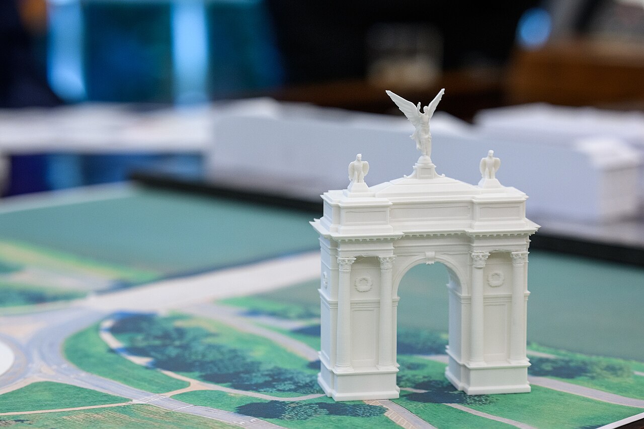 President Donald Trump meets with Cabinet members and others about the proposed “Victory Arch” in the Oval Office