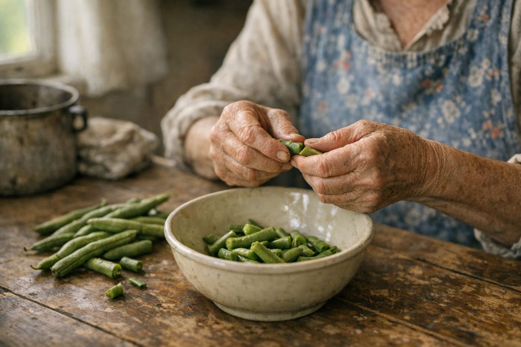 An elderly woman breaks beans form her garden