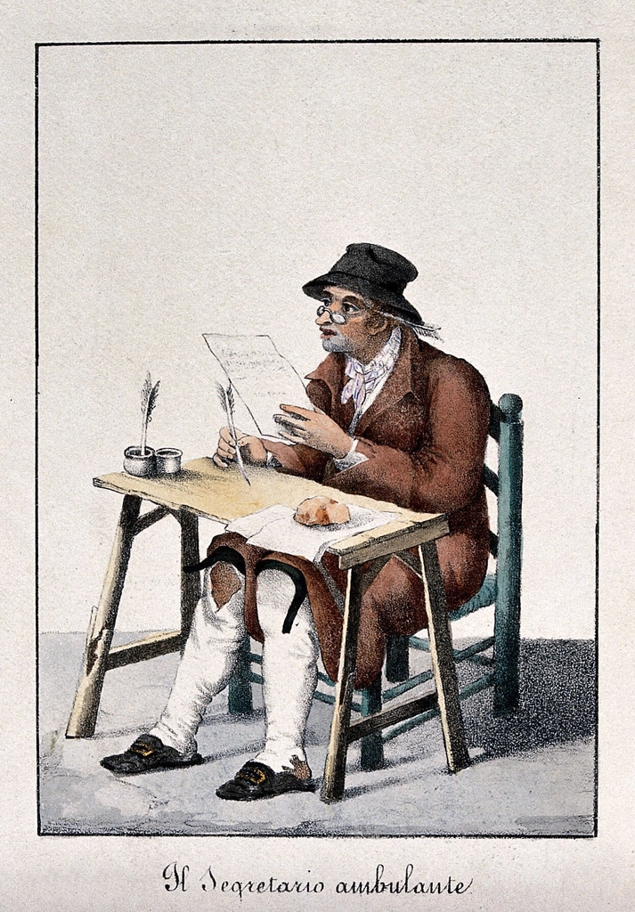 public letter-writer sits desk reading
