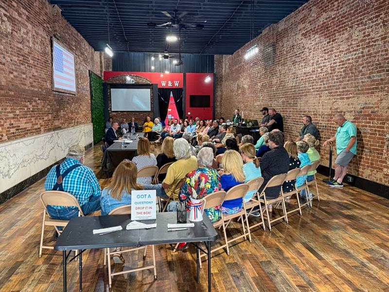 A near-capacity crowd filled The Venue at Whiskey & Wiles May 13 to hear Republican candidates for county offices make their case for election. Here, 5th District candidate Mike Flynn is shown. (J.P. Martin)