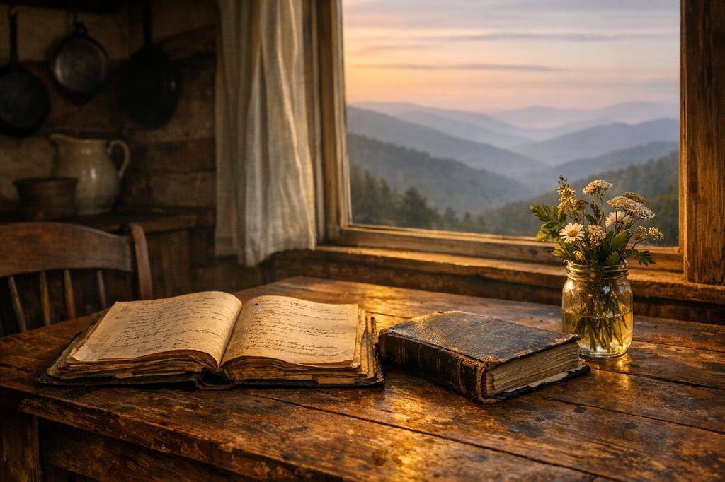 Photorealistic image of a warmly lit Appalachian kitchen table by a window, with an old handwritten cookbook open beside a worn Bible, a small jar of herbs or wildflowers, and soft blue mountain ridges visible outside in dawn or dusk light.