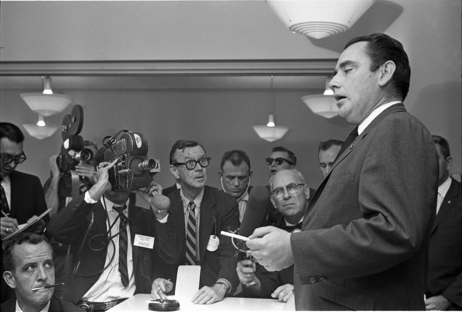 Malcolm Kilduff making the official announcement at 1:30 p.m. on Friday, November 22, 1963, to reporters that President Kennedy had died.