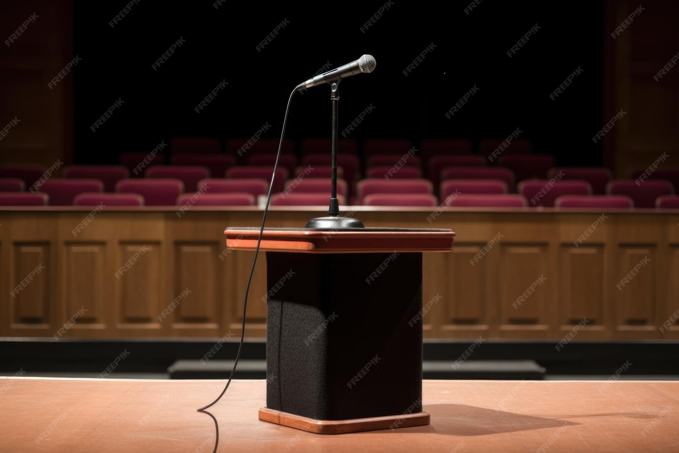 A microphone on a podium in an empty lecture hall