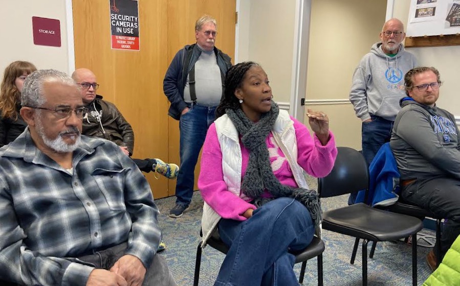 Ros Gay talked about her concerns about voters being apathetic and uninformed during Democratic congressional candidate Cherlynn Stevenson's listening tour at the Clark County Public Library Jan. 31. Sitting beside her is Roy Hudson, a member of the county Board of Elections.